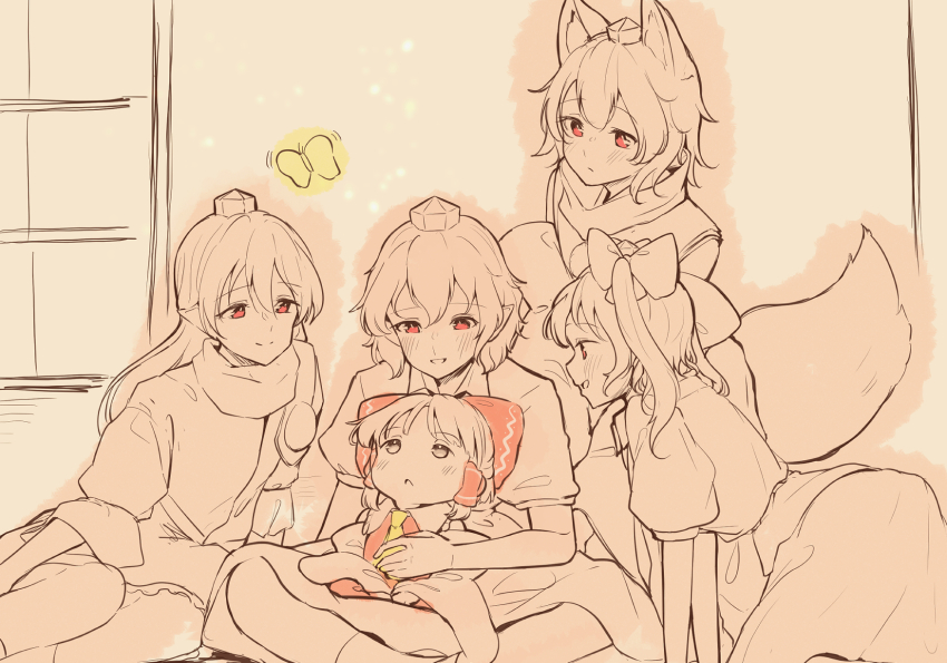 5girls aged_down all_fours animal_ear_fluff animal_ears ascot bow brown_theme bug butterfly closed_mouth commentary detached_sleeves double-parted_bangs feet_out_of_frame frilled_skirt frills gem grey_eyes hair_between_eyes hair_tubes hakurei_reimu hat highres himekaidou_hatate holding_to_chest iizunamaru_megumu indian_style indoors insect inubashiri_momiji kneeling leaning_forward light_blush light_frown lineart long_hair looking_up medium_hair monochrome multiple_girls on_floor open_mouth parted_bangs pointy_ears pom_pom_(clothes) puffy_short_sleeves puffy_sleeves red_bow red_eyes red_vest seele_(chanseele0128) shameimaru_aya shirt short_hair short_sleeves shoulder_guard simple_background sitting sitting_on_lap sitting_on_person skirt smile socks split_mouth spot_color standing tail thighhighs tokin_hat touhou two_side_up vest white_trim window wolf_ears wolf_girl wolf_tail yellow_ascot yokozuwari