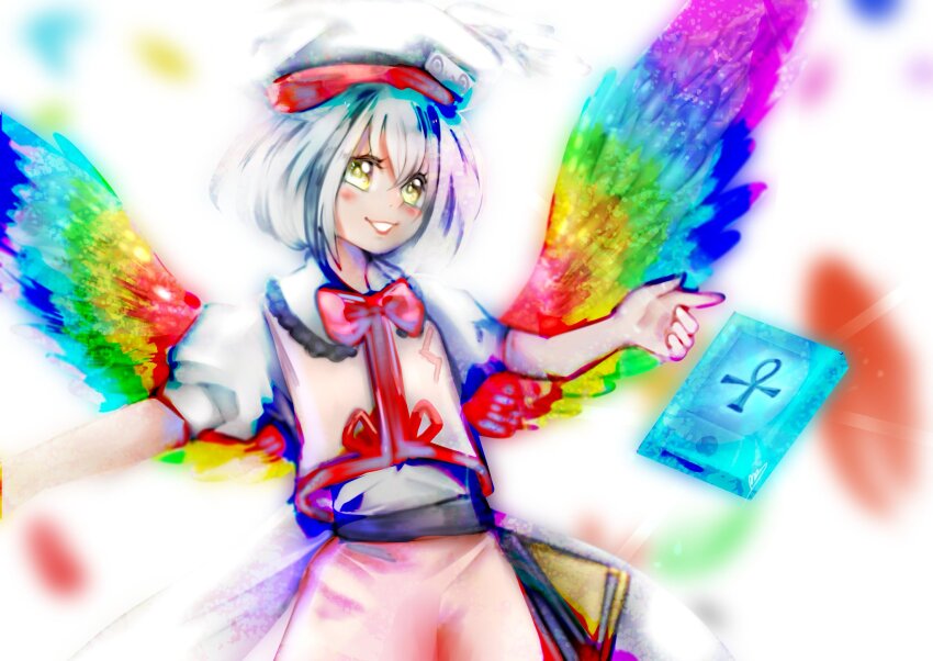 1girl apron bad_id bad_twitter_id bare_arms bird_wings black_hair blush_stickers bow bowtie collared_shirt commentary cowboy_shot english_commentary eyelashes feathered_wings frilled_shirt frills glyph grin hair_between_eyes happy hat hat_feather highres hollow_song_of_birds light_particles light_rays lipstick luo_qiangwei makeup miniskirt multicolored_hair multicolored_wings original outstretched_arms pink_apron pink_vest puffy_short_sleeves puffy_sleeves rainbow_wings red_bow red_bowtie red_lips sailor_hat shirt short_hair short_sleeves skirt skirt_set smile solo spread_wings streaked_hair torisumi_horou touhou vest waist_apron white_background white_hair white_hat white_shirt white_skirt wings yellow_eyes yellow_pupils