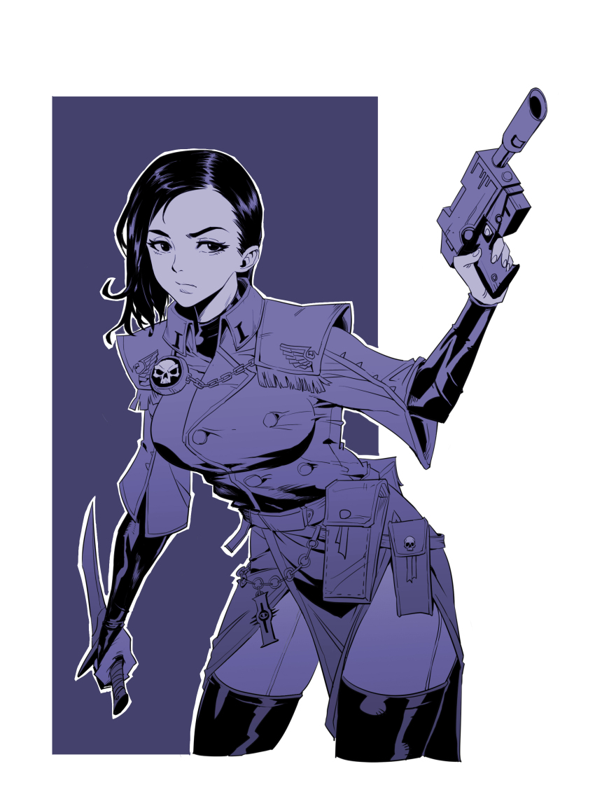 1girl absurdres black_eyes black_thighhighs bowing breasts closed_mouth directed-energy_weapon energy_gun energy_weapon highres inquisition_(warhammer) large_breasts laser_gun laser_weapon lasgun looking_at_viewer rmulderz short_hair simple_background sword thighhighs warhammer_40k weapon