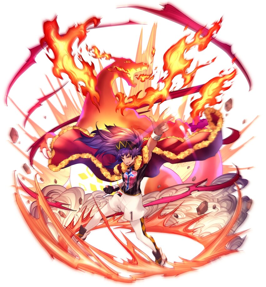 1boy absurdres arm_up baseball_cap cape champion_uniform charizard charizard_pose dark-skinned_male dark_skin dynamax_band facial_hair fire floating_cape floating_hair fur-trimmed_cape fur_trim gen_1_pokemon gigantamax gigantamax_charizard gloves hat highres komasawa_(fmn-ppp) leggings legs_apart leon_(pokemon) long_hair male_focus nintendo partially_fingerless_gloves pokemon pokemon_(creature) pokemon_swsh purple_hair red_cape shield_print shirt shoes shorts single_glove smile sword_print white_background white_shorts yellow_eyes