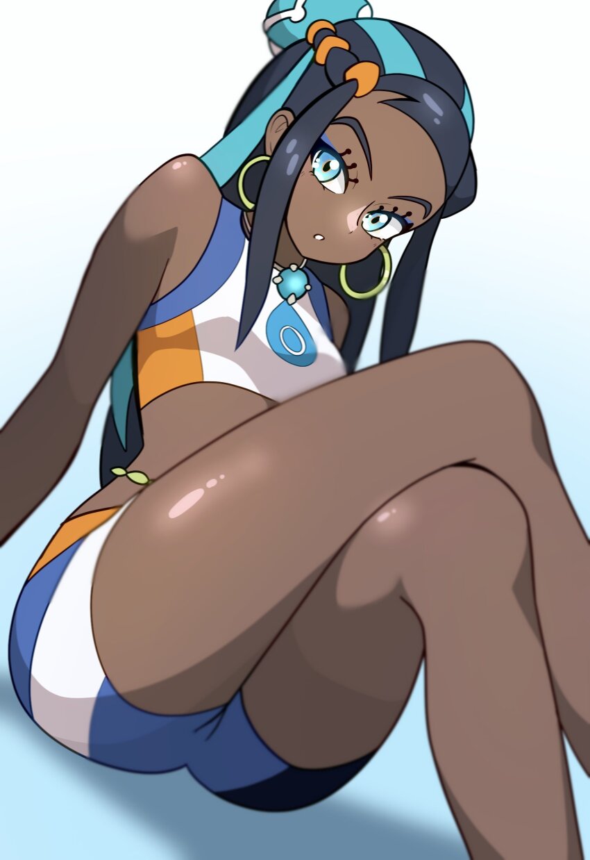 1girl blue_eyeshadow commentary crop_top crossed_legs dark-skinned_female dark_skin earrings eyelashes eyeshadow highres hoop_earrings jewelry long_hair looking_at_viewer makeup muis0802 multicolored_hair nessa_(pokemon) nintendo pokemon pokemon_swsh sidelocks sitting solo two-tone_hair white_background