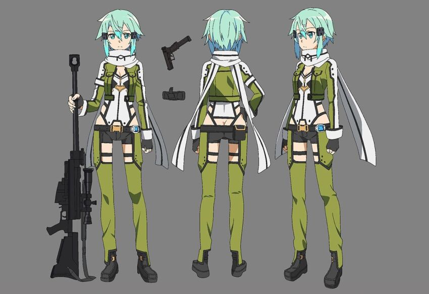 1girl ass blue_hair breasts butt_crack cleavage expressionless gun lowleg lowleg_shorts official_art rifle short_shorts shorts sinon sniper_rifle solo sword_art_online tagme weapon