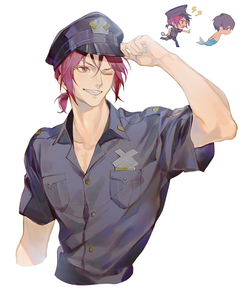 2boys adjusting_clothes adjusting_headwear black_hair black_headwear black_shirt chasing chibi collared_shirt cuffs free! grin hair_between_eyes handcuffs hat highres low_ponytail male_focus matsuoka_rin mermaid monster_girl multiple_boys nanase_haruka_(free!) one_eye_closed orange_eyes outstretched_hand police police_hat police_uniform policeman ponytail red_hair sei_(_mo1008) sharp_teeth shirt short_hair short_sleeves smile teeth upper_body white_background
