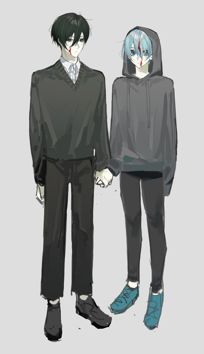 2boys aqua_eyes black_footwear black_hair black_pants black_sweater blood blood_on_face blue_eyes blue_footwear blue_hair blue_lock collared_shirt grey_background grey_hoodie hair_between_eyes highres holding_hands hood hood_up hoodie itoshi_rin long_sleeves looking_at_viewer male_focus miyu_(shiyemiyu) multiple_boys pants shirt short_hair sweater white_shirt yaoi you_hiori