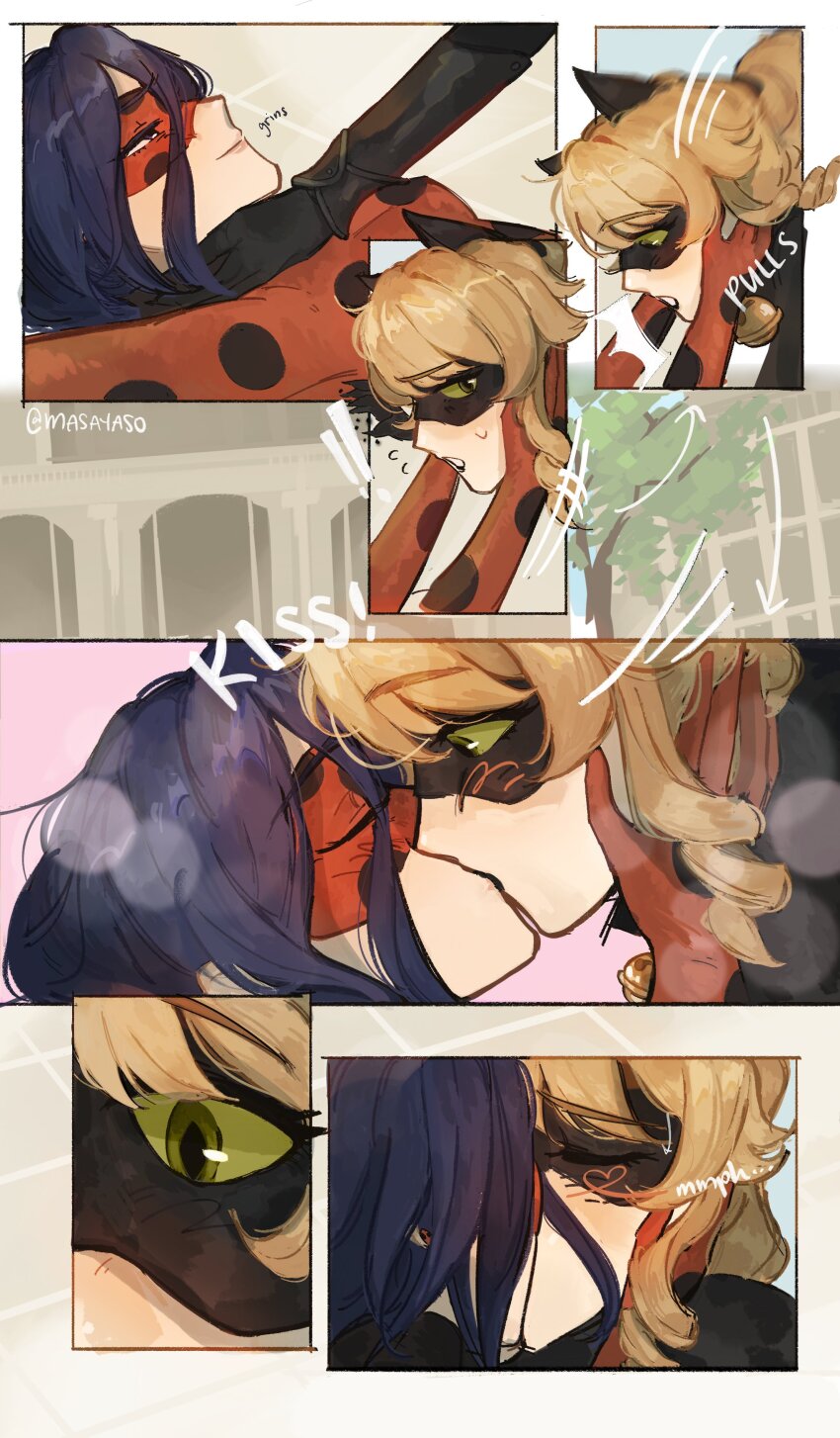 2girls absurdres animal_ears bell black_mask chat_noir chat_noir_(cosplay) clorinde_(genshin_impact) closed_eyes closed_mouth cosplay fake_animal_ears genshin_impact green_eyes grin highres kiss ladybug_(character) ladybug_(character)_(cosplay) long_hair maie_(masayaso) miraculous_ladybug multiple_girls navia_(genshin_impact) neck_bell polka_dot purple_hair red_mask smile twitter_username yuri