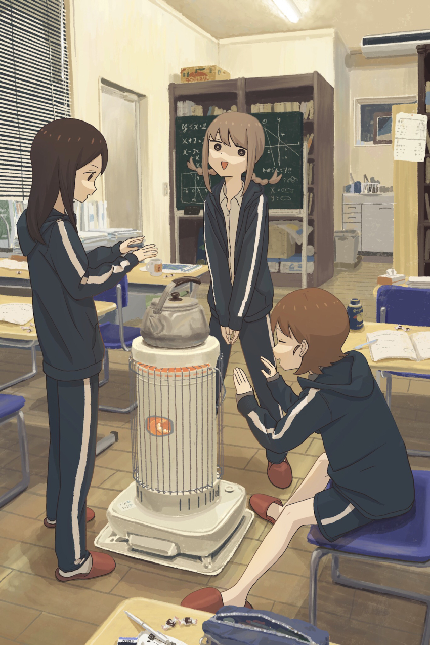 bag blue_hoodie blue_jacket blue_pants blue_shorts bob_cut bookshelf box braid brown_hair chair chalkboard desk dress_shirt duffel_bag eraser gym_shorts gym_uniform highres hood hoodie interior jacket kerosene_heater kettle light_brown_hair long_hair nerio_(neri_akira) notebook open_clothes open_jacket original pants pen radiator school_bag school_desk school_uniform shirt short_hair shorts slippers socks space_heater track_jacket track_pants track_suit twin_braids warming_hands white_shirt white_socks window_blinds