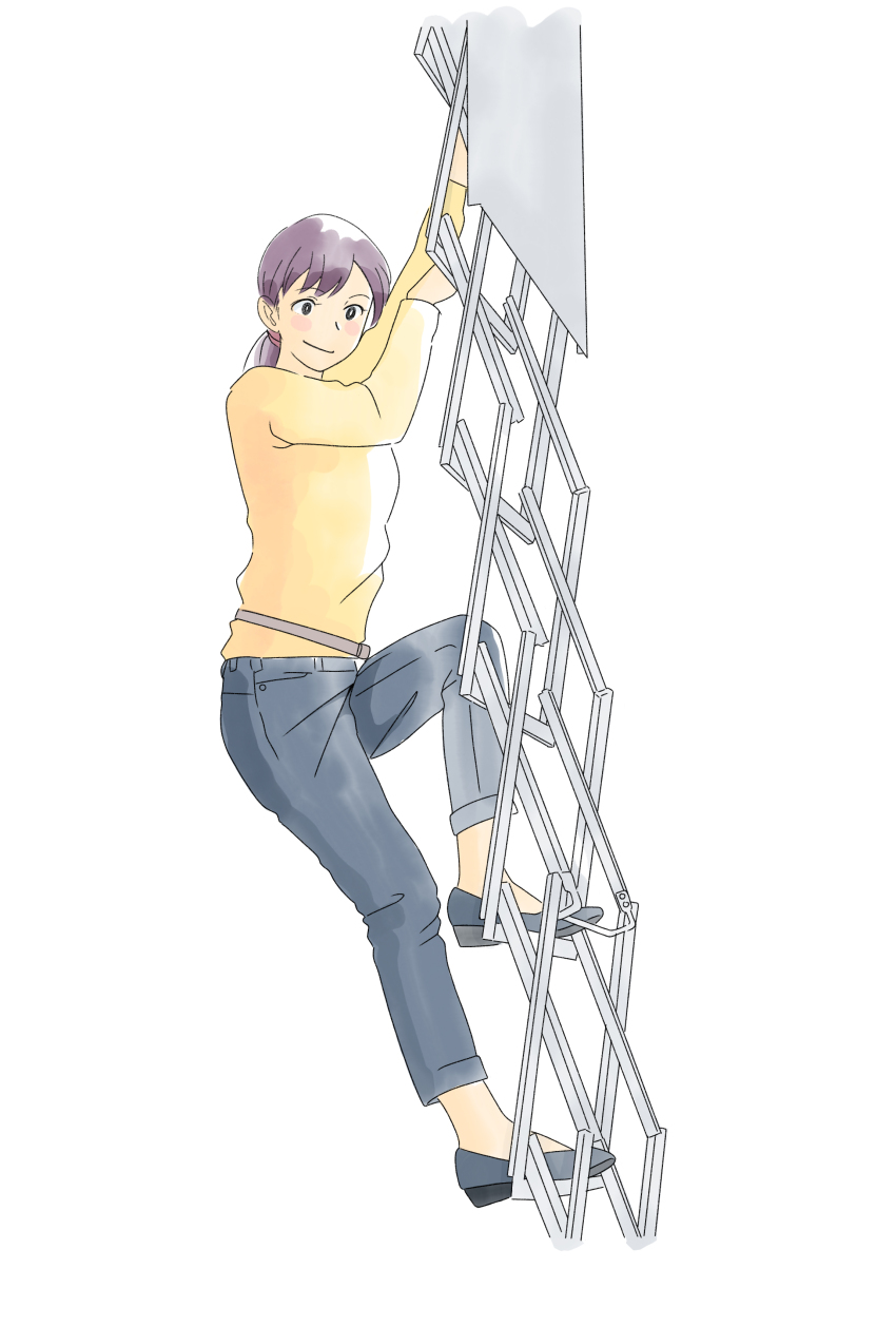 1girl absurdres blue_pants blue_shoes blush_stickers climbing climbing_ladder closed_mouth commentary_request full_body gogo_jolno highres ladder low_ponytail original pants ponytail purple_hair shirt shoes simple_background smile solo white_background yellow_shirt