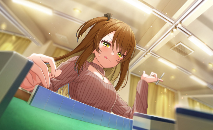 1girl :q blurry blurry_background blurry_foreground blush breasts brown_hair cleavage depth_of_field game_cg green_eyes hair_between_eyes heart highres holding indoors large_breasts licking_lips long_hair long_sleeves looking_at_viewer mahjong mahjong_table mahjong_tile one_side_up pov ribbed_sweater sidelocks smile solo sweater table third-party_source tongue tongue_out upper_body world_dai_star yorozu_iruru