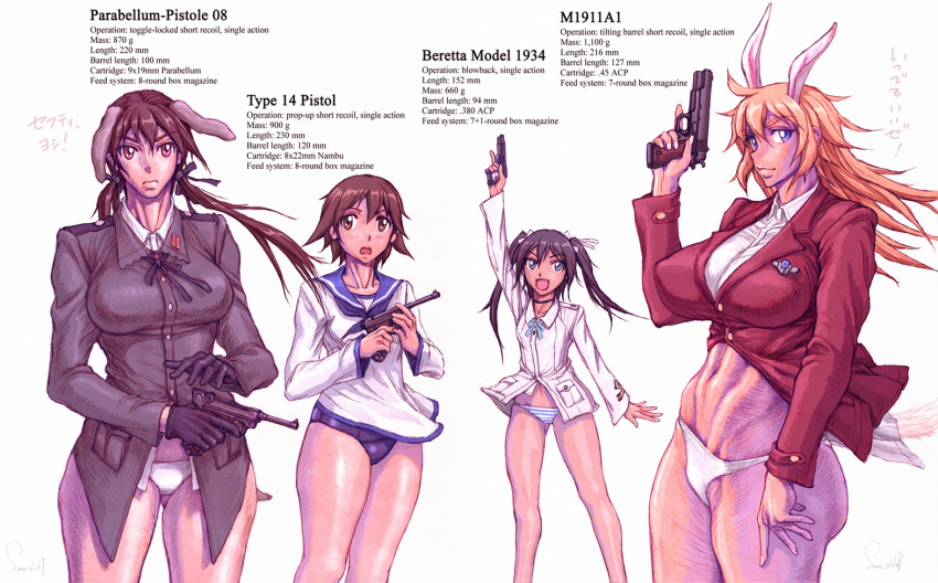 4girls aiming animal_ears beretta_m1934 bottomless charlotte_e._yeager dog_ears dress francesca_lucchini gertrud_barkhorn gloves gun handgun luger_p08 m1911 military military_uniform miyafuji_yoshika multiple_girls muscular muscular_female nambu_type_14 no_pants pistol pointing pointing_up rabbit_ears rabbit_girl sailor sailor_dress same_(carcharodon) strike_witches swimsuit underwear weapon world_witches_series