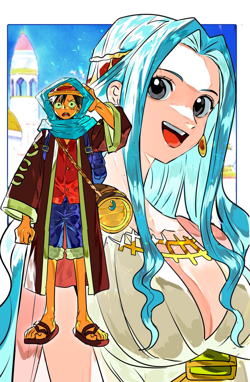 1boy 1girl absurdres black_hair blue_hair blue_hood blue_shorts border breasts collarbone commentary eyelashes grey_eyes hair_intakes hat highres large_breasts long_hair monkey_d._luffy nefertari_vivi official_alternate_costume one_piece open_mouth outside_border red_shirt sandals shirt shorts standing straw_hat toes v-shaped_eyebrows white_border xi_luo_an_ya
