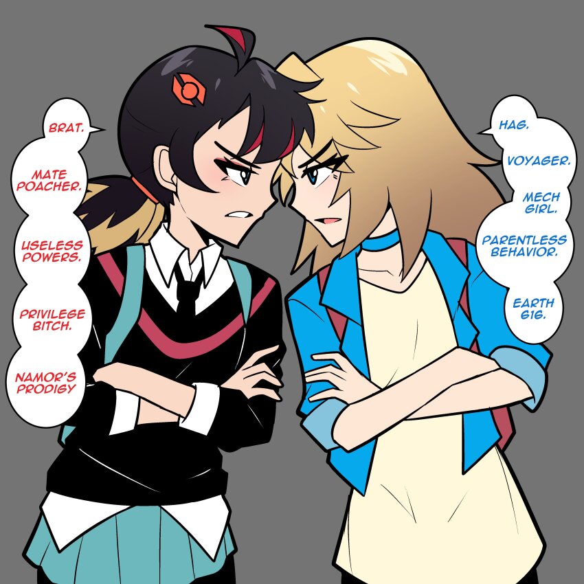 2girls absurdres backpack bag black_hair black_sweater_vest blonde_hair blue_eyes bluebutter brown_eyes fantastic_four highres marvel multiple_girls necktie open_mouth peni_parker school_uniform shirt short_hair skirt smile spider-man:_into_the_spider-verse spider-man_(series) spider-verse sweater_vest valeria_richards white_shirt