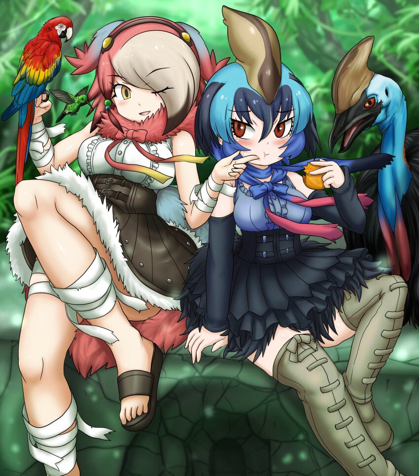 2girls :t absurdres adansosutega aqua_hair asymmetrical_hair bandaged_arm bandaged_leg bandages bird bird_tail black_hair black_skirt blonde_hair blue_hair blurry blurry_background blush boots bow bowtie breasts brown_eyes cassowary center_frills cheek_poking cheek_press creature_and_personification day empty_eyes eyes_visible_through_hair floating_hair food frilled_shirt frilled_skirt frills fur-trimmed_skirt fur_collar fur_trim furrowed_brow gastornis_(kemono_friends) grey_hair hair_between_eyes hair_bobbles hair_ornament hair_over_one_eye hairband high-waist_skirt highres holding holding_food kemono_friends large_breasts long_hair macaw medium_breasts multicolored_hair multiple_girls one_eye_closed outdoors parrot personification poking red_hair sandals scarlet_macaw shirt shirt_tucked_in side-by-side skirt sleeveless sleeveless_shirt southern_cassowary_(kemono_friends) tail thigh_boots thighhighs toes wind yellow_eyes zettai_ryouiki