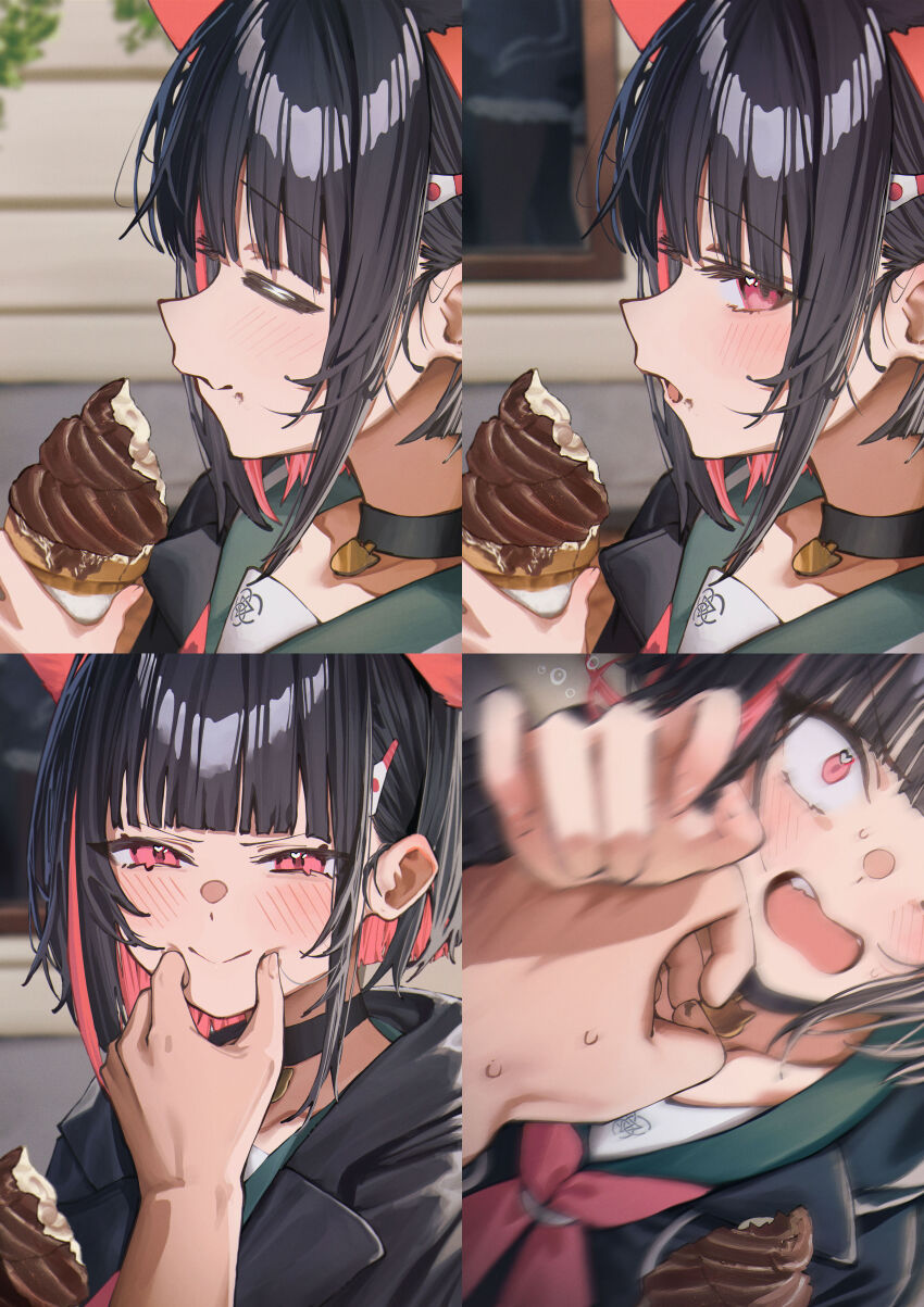1boy 1girl 1other :&gt; =_= absurdres animal_ears betabeet black_choker black_hair blue_archive blunt_bangs blurry blurry_background blush cat_choker cat_ears cat_girl cheek_squash choker close-up collarbone colored_inner_animal_ears commentary eating extra_ears food food_on_face from_side green_sailor_collar hair_ornament heart heart_in_eye highres holding holding_food holding_ice_cream ice_cream kazusa_(blue_archive) looking_at_viewer multiple_views open_mouth pink_eyes pink_hair pov pov_hands sailor_collar short_hair sideways_glance sweat symbol_in_eye teeth trinity_general_school_logo upper_body upper_teeth_only v-shaped_eyebrows wide-eyed