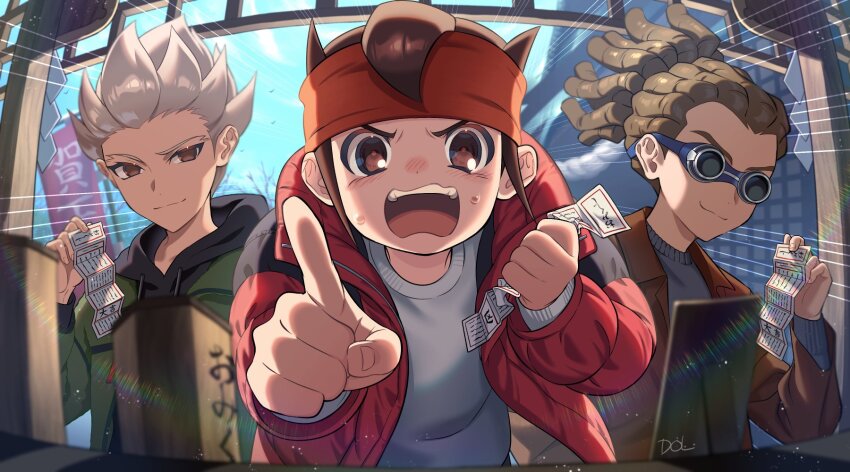 3boys black_hoodie brown_eyes brown_hair brown_jacket dolustoy endou_mamoru goggles gouenji_shuuya green_jacket grey_sweater headband highres holding_omikuji hood hood_down hoodie inazuma_eleven_(series) jacket kidou_yuuto looking_at_viewer male_focus multiple_boys omikuji orange_headband pointing pointing_at_viewer red_jacket shrine sweater upper_body white_hair white_sweater