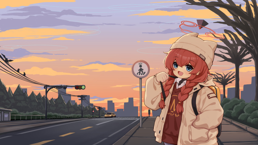 1girl :d absurdres animal_ear_headwear animal_ears backpack bag bare_tree beanie black_sweater blue_archive blue_eyes blush braid braided_twintails brown_coat brown_hat car chinese_commentary coat collared_shirt commentary_request fake_animal_ears hair_between_eyes hair_over_shoulder halo hand_in_pocket hand_up hat highres holding_strap hood hood_down hooded_coat long_hair long_sleeves looking_at_viewer maki_(blue_archive) maki_(camp)_(blue_archive) making-of_available motor_vehicle official_alternate_costume official_alternate_hairstyle open_clothes open_coat open_mouth outdoors partial_commentary pedestrian_crossing_sign pocket puffy_long_sleeves puffy_sleeves red_hair red_halo red_sweater_vest road road_sign shirt sidelocks sign sky smile solo strap_pull sunset sweater sweater_vest traffic_light tree twin_braids utility_pole wangcorain white_shirt yellow_bag