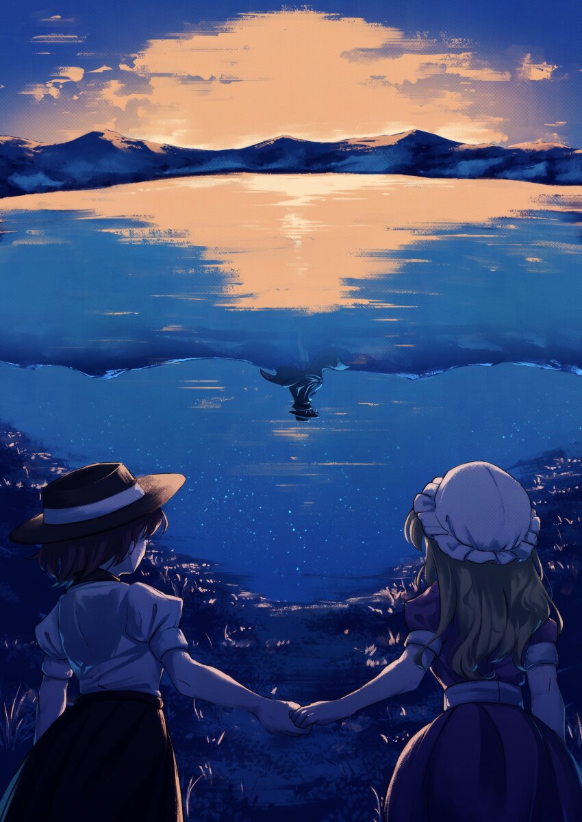 3girls absurdres black_skirt blonde_hair brown_hair cloak dawn fedora from_behind grass hat highres holding_hands lake maribel_hearn medium_hair mob_cap mountainous_horizon multiple_girls notebook-photos puffy_short_sleeves puffy_sleeves purple_shirt purple_skirt reflection shirt short_hair short_sleeves skirt star_(sky) touhou upper_body upside-down usami_renko usami_sumireko water white_shirt