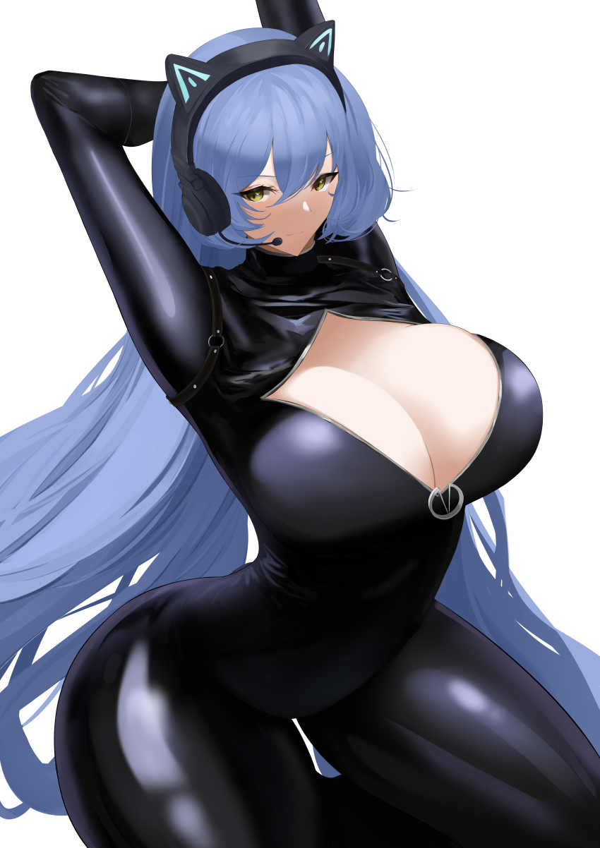 1girl absurdres animal_ear_headphones animal_ears arkhangelsk_(azur_lane) arkhangelsk_(grandiose_getaway)_(azur_lane) arms_behind_head axicoi azur_lane biker_clothes bikesuit black_bodysuit blue_hair blush bodysuit breasts brown_eyes cat_ear_headphones cleavage closed_mouth fake_animal_ears headphones headset highres huge_breasts kneeling long_hair long_sleeves looking_at_viewer official_alternate_costume solo very_long_hair white_background