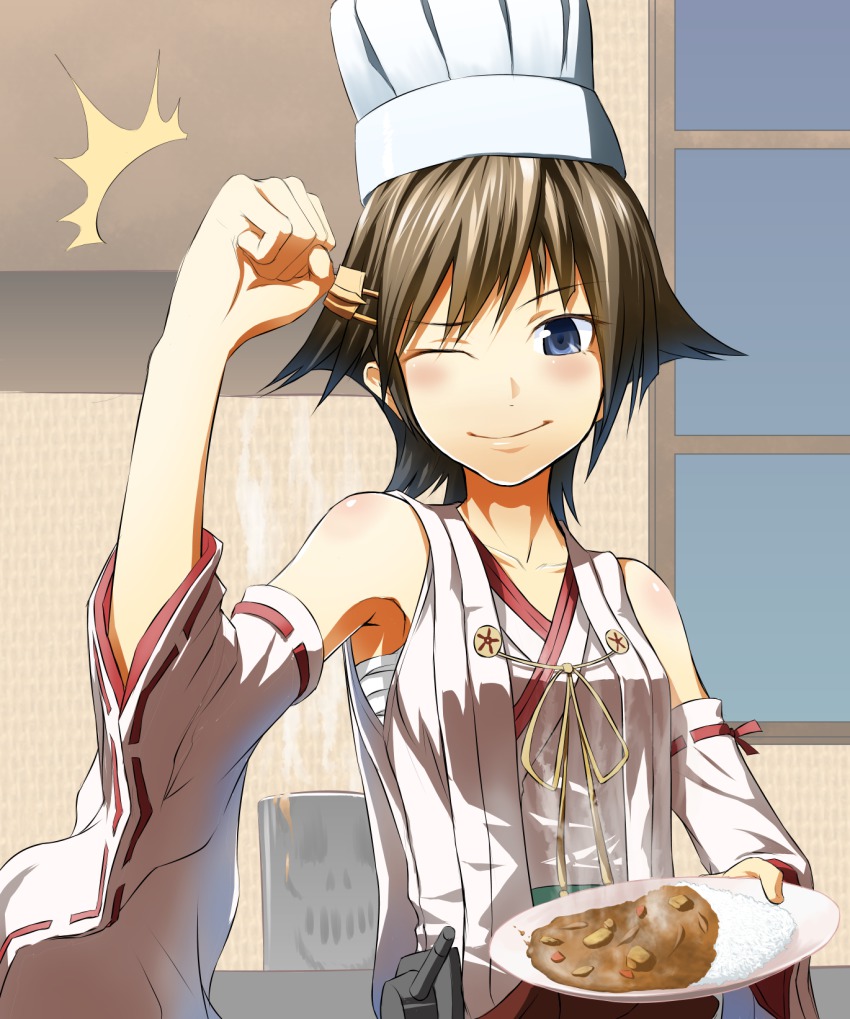 10s 1girl ;) bad_food bare_shoulders brown_hair chef_hat clenched_hand curry detached_sleeves female_focus fist_pump food hair_ornament hairclip hat hiei_(kancolle) highres iroia japanese_clothes kantai_collection one_eye_closed personification raised_fist ribbon-trimmed_sleeves ribbon_trim sarashi short_hair skull smile solo when_you_see_it wink