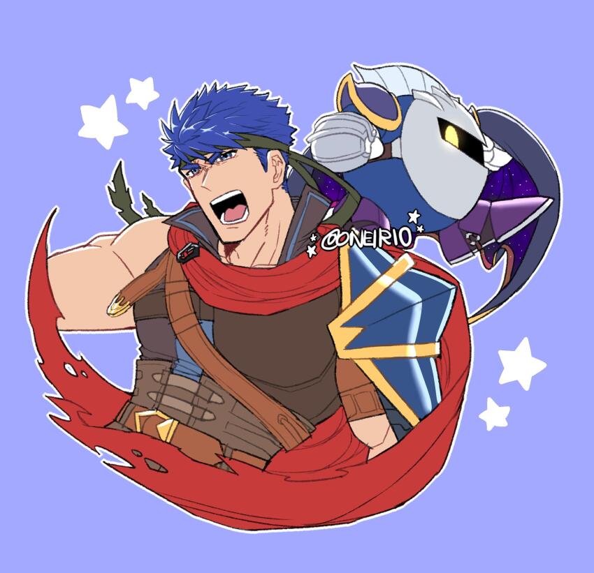 2boys blue_eyes blue_hair cape commentary cropped_arms cropped_torso english_commentary fire_emblem fire_emblem:_radiant_dawn headband highres ike_(fire_emblem) kirby_(series) male_focus mask meta_knight multiple_boys nintendo oneirio open_mouth red_cape short_hair simple_background star_(symbol) super_smash_bros. twitter_username