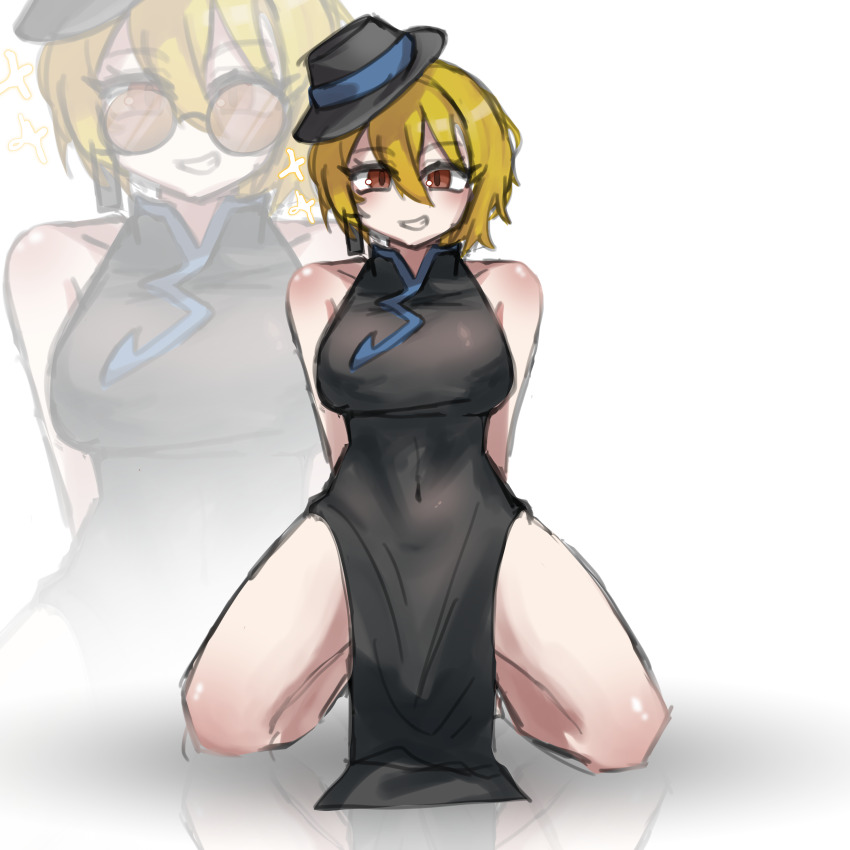 1girl absurdres arms_behind_back black_dress black_gloves black_hat blonde_hair breasts china_dress chinese_clothes commentary_request covered_navel don_quixote_(project_moon) dress earrings cinq_east_(identity)_(project_moon) gloves grin hat highres jewelry kneeling korean_commentary large_breasts limbus_company open_mouth partially_opaque_sunglasses project_moon rice0892 round_eyewear short_hair simple_background single_earring single_glove slit_pupils smile solo sparkle sunglasses teeth tilted_headwear tilted_headwear white_background yellow_eyes