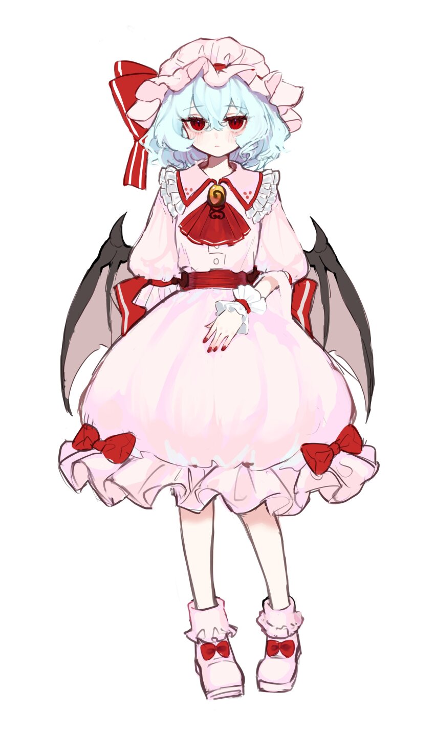 1girl absurdres aorin_oekaki ascot bat_wings blue_hair bow brooch collared_shirt commentary frilled_shirt_collar frills full_body hair_between_eyes hat hat_ribbon highres jewelry light_blush looking_at_viewer mob_cap pink_hat pink_shirt pink_skirt puffy_short_sleeves puffy_sleeves red_ascot red_bow red_eyes red_nails remilia_scarlet ribbon shirt shoes short_hair short_sleeves simple_background skirt skirt_set solo symbol-only_commentary touhou white_background white_shoes wings wrist_cuffs