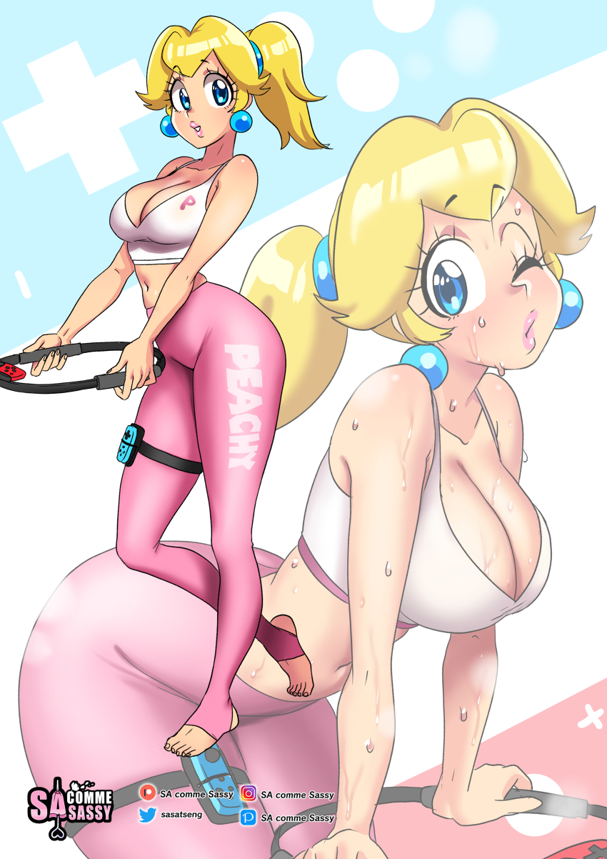 1girl absurdres bare_shoulders blonde_hair blue_background blue_eyes breasts cleavage collarbone cowboy_shot crop_top earrings feet full_body highres jewelry large_breasts leaning_forward leggings lisp looking_at_viewer mario_(series) midriff multiple_views navel nintendo one_eye_closed parted_lips pink_background pink_leggings pink_lips ponytail princess_peach ring_fit_adventure sasa_tseng sleeveless smile sportswear standing standing_on_one_leg sweat toeless_legwear toes white_background wink