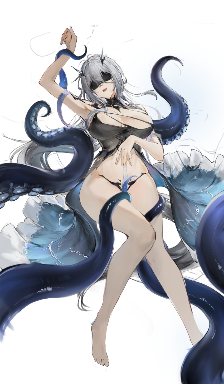 1girl absurdres arm_up azur_lane black_shirt blue_dress breasts dress eye_mask facing_viewer fancy_(azur_lane) flantia hand_on_own_stomach highres horns knees_together_feet_apart mast no_panties open_mouth shirt solo storm tentacle_tongue tentacles thick_thighs thighs torn_clothes torn_shirt white_eyes white_hair