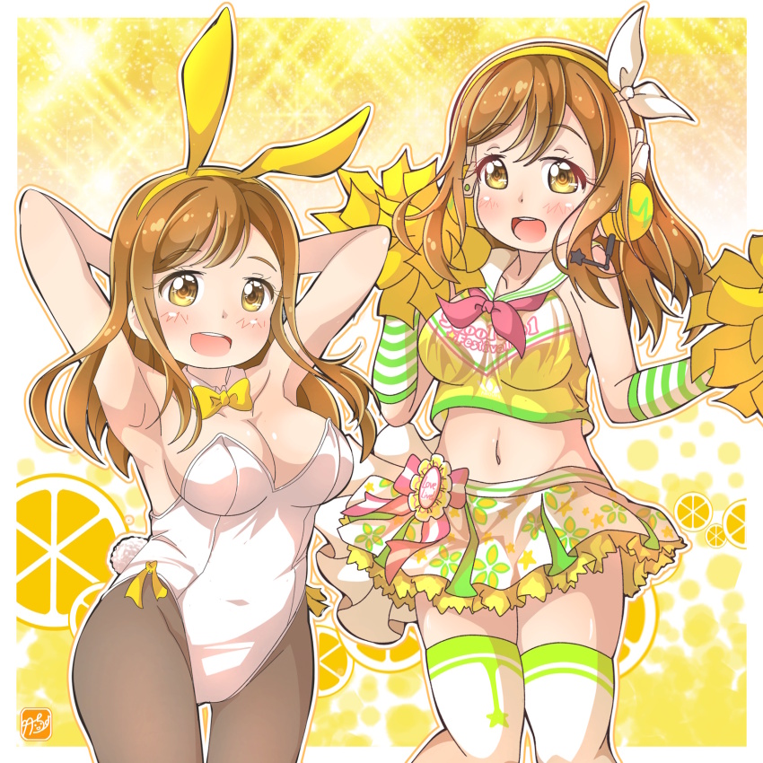 1girl animal_ear_hairband animal_ears arms_behind_head black_pantyhose bow bowtie breasts brown_hair cheerleader cleavage detached_collar fake_animal_ears hairband headphones highres holding holding_pom_poms kunikida_hanamaru large_breasts leotard long_hair looking_at_viewer love_live! love_live!_sunshine!! open_mouth pantyhose playboy_bunny pleated_skirt pom_pom_(cheerleading) pom_poms rabbit_ears rabbit_tail round_teeth sailor_collar sailor_shirt shirt skirt sleeveless sleeveless_shirt solo strapless strapless_leotard tail takecho teeth thighhighs upper_teeth_only white_leotard white_sailor_collar white_shirt white_thighhighs yellow_background yellow_bow yellow_bowtie yellow_eyes yellow_skirt