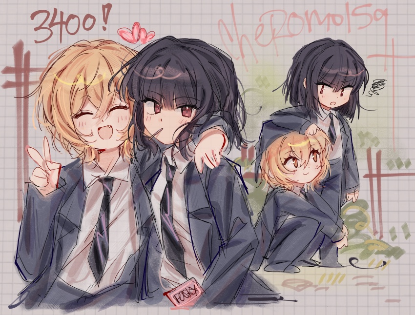 2girls :d absurdres black_hair black_jacket black_necktie black_pants blonde_hair blush cheromo159 closed_eyes collared_shirt covering_head don_quixote_(project_moon) food food_in_mouth formal_clothes highres jacket lapels limbus_company looking_at_viewer multiple_girls necktie open_clothes open_jacket open_mouth orange_eyes pants pocky pocky_in_mouth project_moon red_eyes ryoshu_(project_moon) shirt short_hair smile squatting standing suit v white_shirt