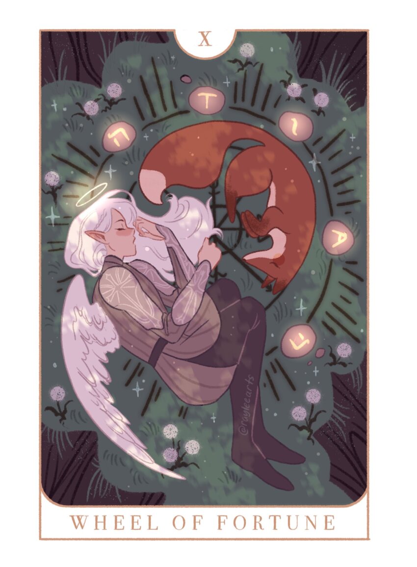 1girl arm_guards armor belt black_belt black_leggings border braid braided_bangs card_(medium) closed_eyes commentary dandelion dandelion_clock english_text fox glowing glowing_halo glowing_runes grass halo highres leggings long_hair lying magic_circle on_grass open_mouth original ornate_armor pauldrons pointy_ears profile raylee shirt shoulder_armor sleeping sleeping_animal solo symbol-only_commentary tarot tarot_(medium) tunic twitter_username wheel_of_fortune_(tarot) white_border white_hair white_shirt white_wings wings