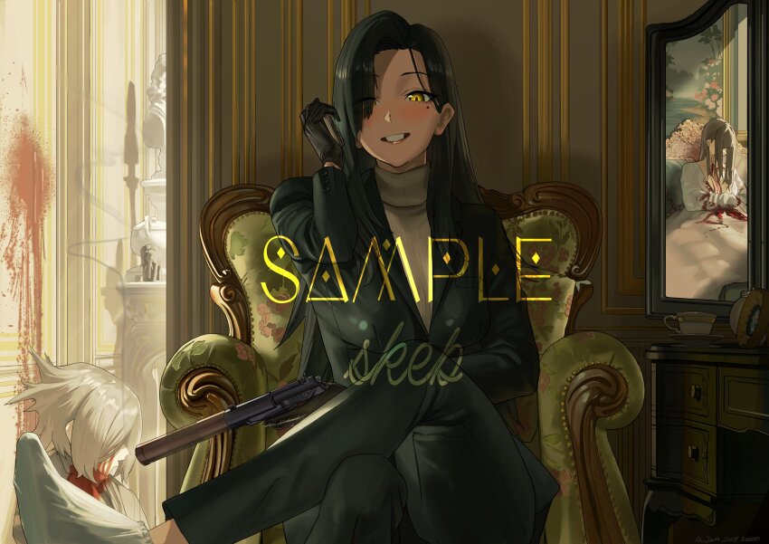 1boy 2girls absurdres black_hair black_jacket black_pants blood blood_on_clothes blood_on_face blood_splatter commission corpse crossed_legs dated death dress gun handgun highres holding holding_gun holding_weapon jacket multiple_girls original pants pb_pistol sample_watermark shirt skeb_commission smile suppressor utsuda watermark weapon white_dress white_hair yellow_eyes yellow_shirt