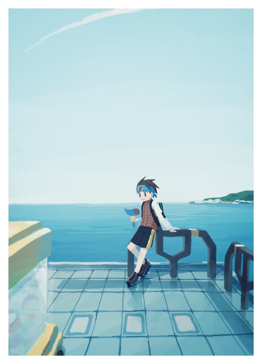 1boy backpack bag bandana brown_eyes brown_hair commentary_request highres in-universe_location klenschheim lan_hikari_(mega_man) leaning_back male_focus mega_man_(series) mega_man_battle_network_(series) mega_man_battle_network_3 outdoors personal_terminal shore short_hair solo