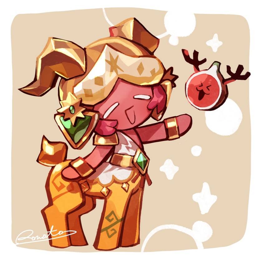 &gt;_&lt; 1other :d ^_^ armor artist_name bad_id bad_pixiv_id border bracelet brown_background centauroid closed_eyes colored_skin commentary_request cookie_run cookie_run:_ovenbreak deer_tail fake_horns fig_cookie fig_cookie_(forest_custodian) fruit_doe full_body gem gold_belt gold_bracelet gold_helmet green_gemstone helmet highres horned_helmet horns inactive_account jewelry official_alternate_costume open_mouth other_focus outstretched_arm red_hair red_skin rn9j short_hair shoulder_armor simple_background smile solo sparkle tail taur white_border
