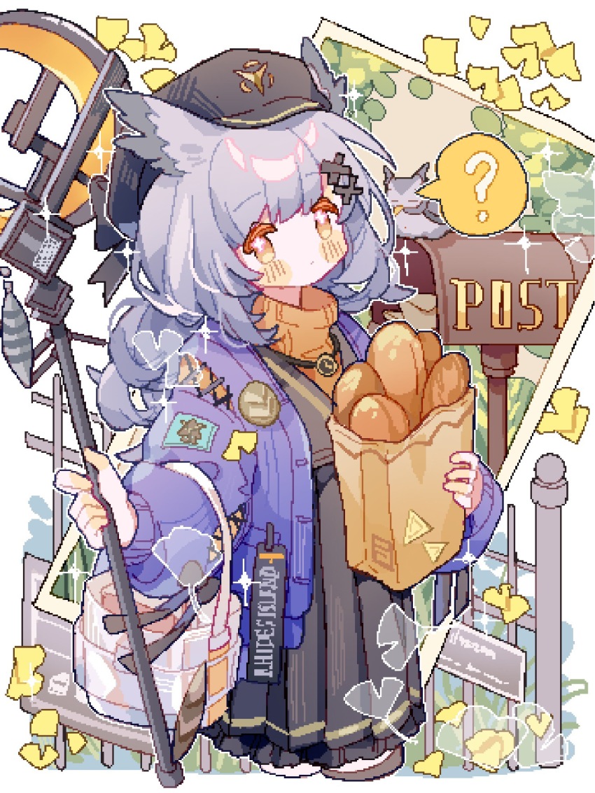 1girl ? arknights badge bag baguette black_dress blush bread bright_pupils dress fence food gold_trim grey_hair hat highres holding holding_bag holding_staff jacket jewelry knees_out_of_frame long_hair looking_at_viewer necklace orange_eyes paper_bag pixelated plant_request pleated_dress ptilopsis_(arknights) ptilopsis_(serenity)_(arknights) purple_jacket saucer_(saucer752) solo spoken_question_mark staff standing star-shaped_pupils star_(symbol) sweater symbol-shaped_pupils tree white_pupils