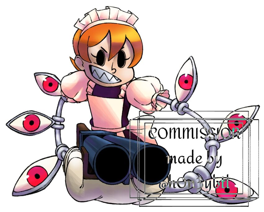 aiming aiming_at_viewer apron commission gloves grin gun h0n3ybtl maid peacock_(skullgirls) sharp_teeth shotgun skullgirls smile teeth watermark weapon
