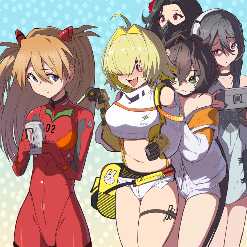 5girls blonde_hair blue_eyes bodysuit breasts cowboy_shot crossover disgust elegg_(nikke) exia_(nikke) fanh game_console goddess_of_victory:_nikke grabbing_from_behind green_eyes bad_tag hair_over_eyes highres interface_headset_(evangelion) large_breasts long_hair looking_at_another looking_back maiden_(nikke) mask mecha_pilot_suit micro_shorts mouth_mask multiple_girls navel neon_genesis_evangelion open_mouth playing_games plugsuit_(evangelion) pointing rebuild_of_evangelion red_bodysuit shiny_clothes short_hair short_shorts shorts simple_background small_breasts smile smug souryuu_asuka_langley syope trony_(nikke) two_side_up white_shorts wide_hips
