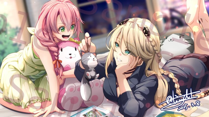 2girls blonde_hair blurry blurry_background braid breasts charm_(object) crown_braid dated eiyuu_densetsu elaine_auclair green_pajamas hair_between_eyes indoors juna_crawford kuro_no_kiseki_(series) large_breasts long_hair low-tied_long_hair mishy multiple_girls on_bed pajamas parted_bangs pink_hair sample_watermark sen_no_kiseki_(series) signature single_braid smile stuffed_animal stuffed_cat stuffed_toy tinybiard twitter_username watermark window