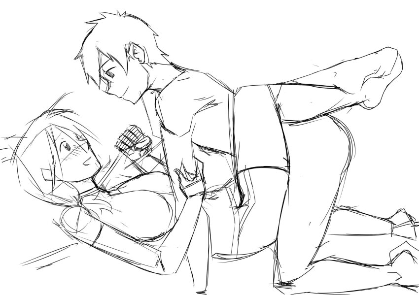 1boy 1girl blush breasts leg_lock looking_at_another monochrome patoman000 smile