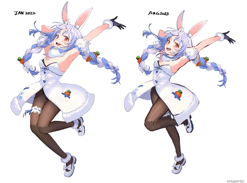 1girl animal_ear_fluff animal_ears ankle_garter arm_cuffs artist_progress black_gloves braid brown_pantyhose carrot carrot_hair_ornament coat_dress commentary creature dated detached_sleeves don-chan_(usada_pekora) dress english_commentary food-themed_hair_ornament frilled_thigh_strap full_body fur-trimmed_gloves fur_scarf fur_trim gloves hair_ornament hololive mary_janes multiple_views ninomae_ina&#039;nis_(artist) official_art pantyhose puffy_detached_sleeves puffy_sleeves rabbit rabbit_ears rabbit_girl redrawn shoes short_eyebrows simple_background sketch strapless strapless_coat strapless_dress thick_eyebrows thigh_strap twin_braids usada_pekora usada_pekora_(1st_costume) virtual_youtuber white_background white_footwear