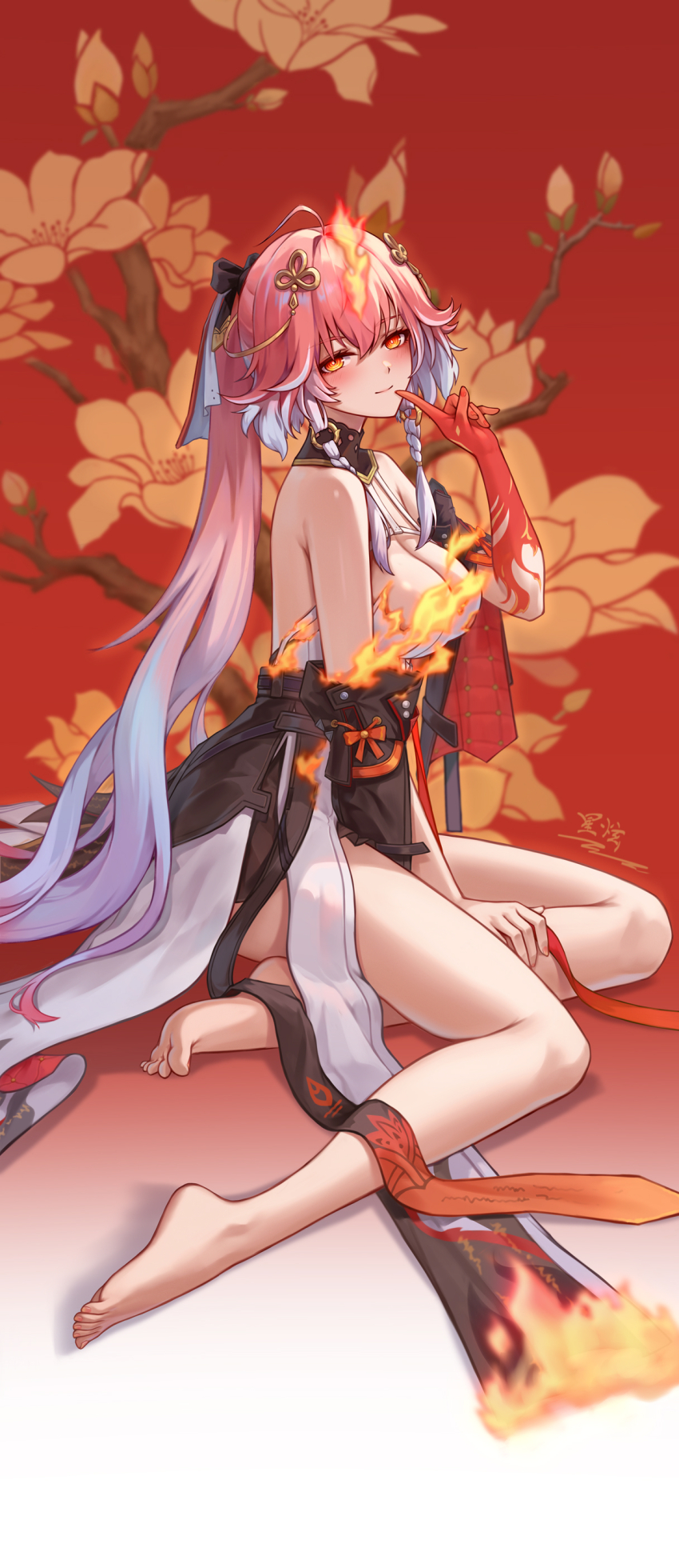 1girl absurdres ahoge bare_shoulders barefoot black_collar black_jacket black_sleeves blush braid breasts burning_clothes changli_(wuthering_waves) chinese_commentary closed_mouth collar colored_extremities commentary_request dress feet fire from_side full_body hair_extensions hair_ornament highres jacket large_breasts long_hair looking_at_viewer orange_eyes partial_commentary pink_hair ponytail red_hands ring_hair_extensions sitting smile solo thighs toes twin_braids very_long_hair white_dress white_hair wuthering_waves yelan_xing_xuan yokozuwari