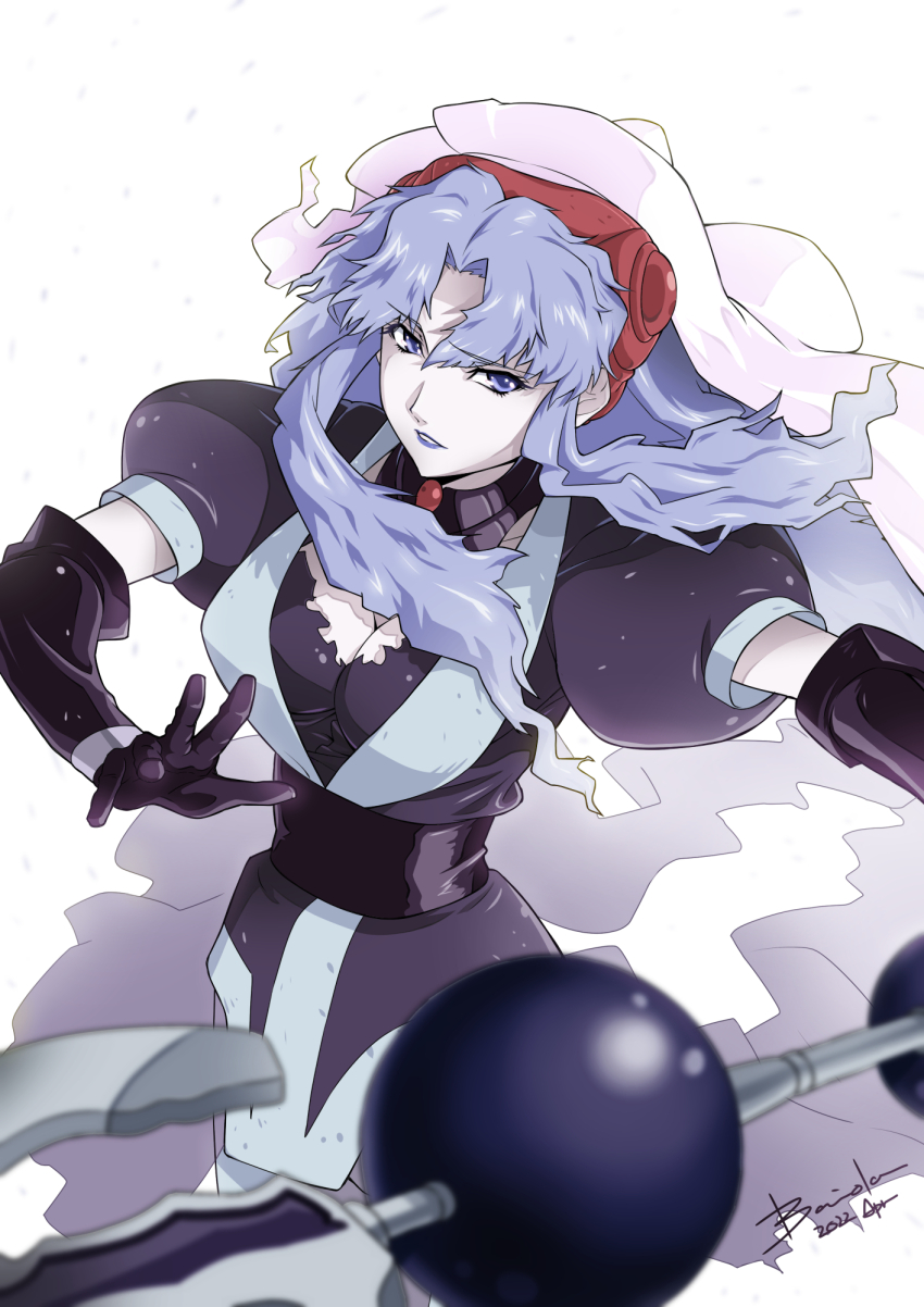 1girl baiola blue_eyes blue_hair breasts cleavage dated el_hazard elbow_gloves gloves highres holding holding_weapon ifurita large_breasts lipstick long_hair looking_at_viewer makeup signature simple_background solo weapon white_background