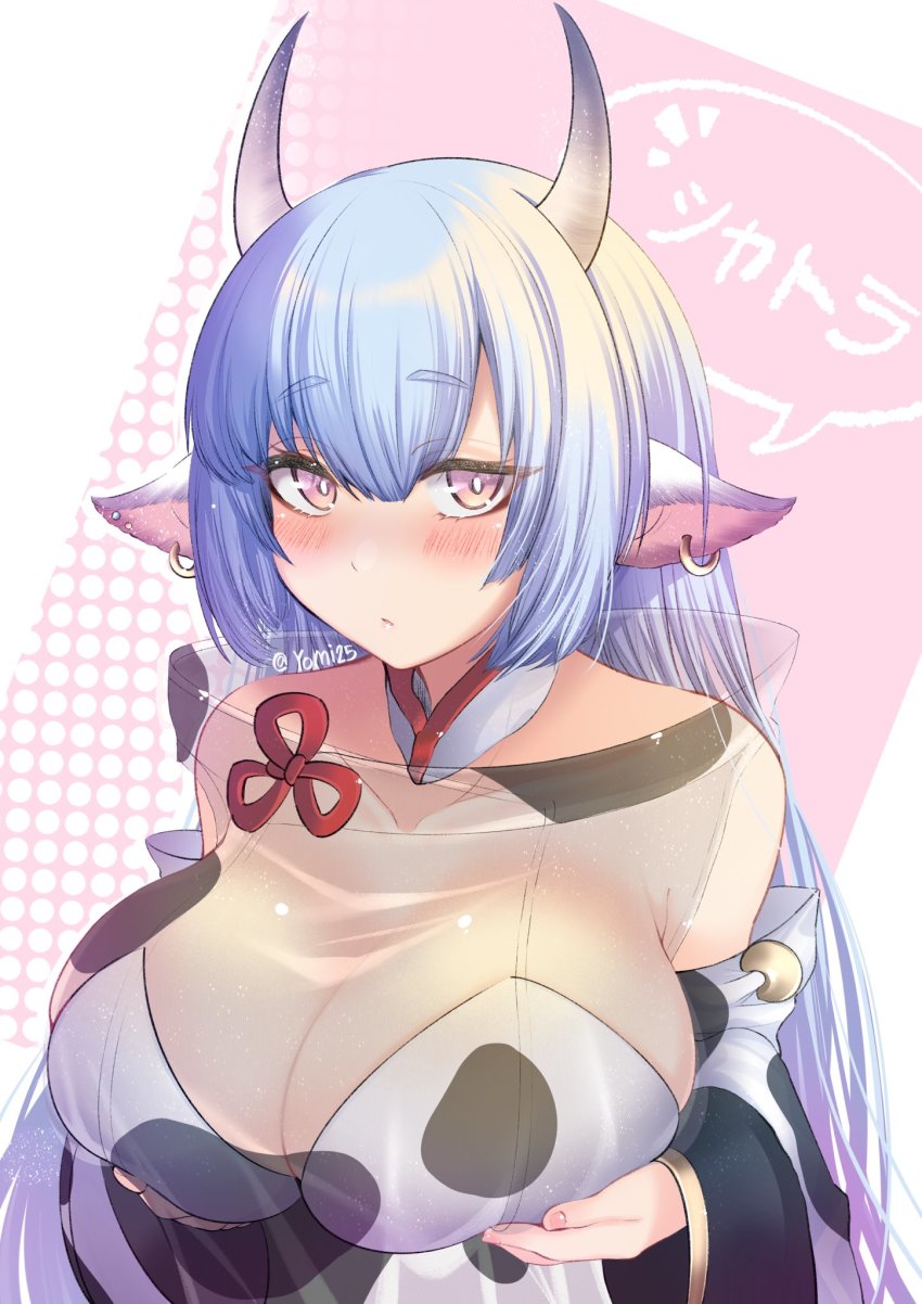 1girl animal_ears animal_print bare_shoulders bikini blue_hair blush breast_hold breasts catura_(granblue_fantasy) cleavage cow_ears cow_girl cow_horns cow_print detached_collar detached_sleeves draph ear_piercing granblue_fantasy highres horns large_breasts long_hair looking_at_viewer piercing pointy_ears see-through_clothes solo swimsuit thighs white_bikini wide_sleeves yellow_eyes yomi25