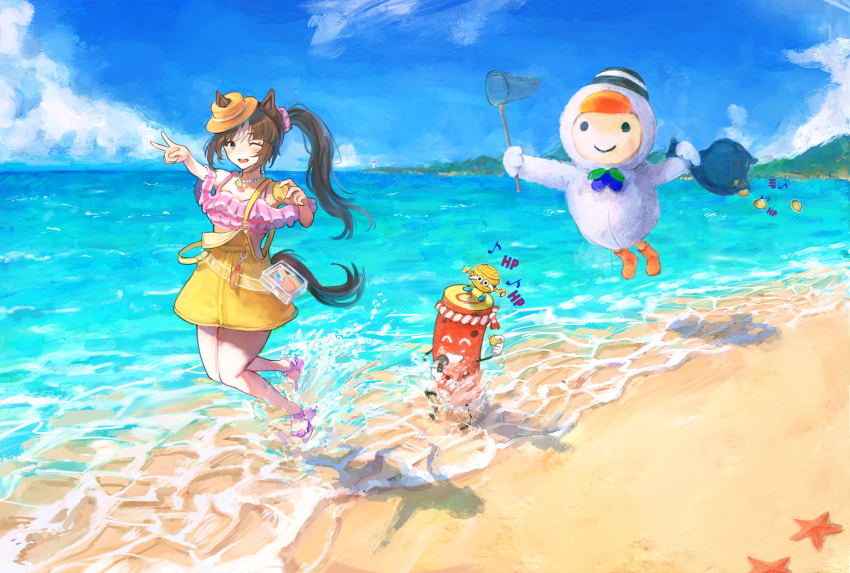 1girl ;d animal_ears beach bead_necklace beads bikini_top_on_head boater_hat brown_hair ears_through_headwear hair_ornament hair_scrunchie highres hokki-kun hokko_tarumae_(pastel_marine_locadol)_(umamusume) hokko_tarumae_(umamusume) holding_net holding_seashell horse_ears horse_girl horse_tail jewelry long_hair looking_at_viewer necklace official_alternate_costume official_alternate_hairstyle one_eye_closed open_mouth overalls purple_eyes purple_scrunchie scrunchie see-through_bag side_ponytail smile striped_hair suke_omi tail tilted_headwear tilted_headwear tomachop umamusume v wading yellow_overalls yoitomake-kun