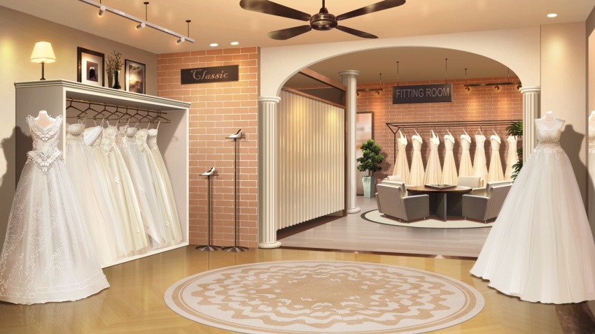 brick_wall ceiling_fan ceiling_light chair closet clothes_hanger dress dressing_room drugs english_text highres indoors lamp no_humans non-web_source official_art our_life:_beginnings_and_always photo_(object) plant potted_plant scenery shoes shop sign table wedding_dress wooden_floor wooden_table