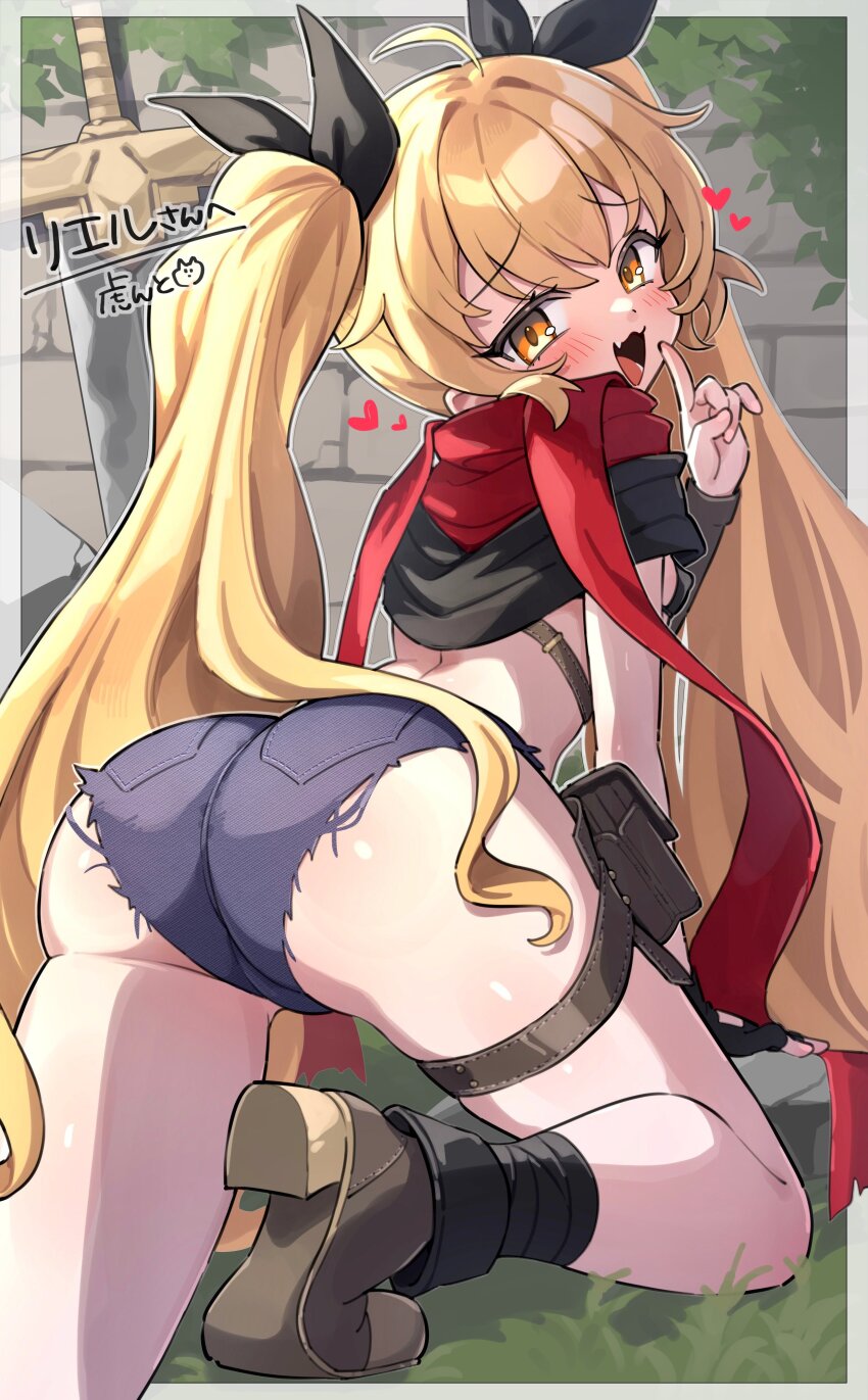 1girl absurdres ahoge artist_name ass ass_focus bikini bikini_top_only black_bikini black_ribbon black_shirt blonde_hair blue_shorts blush boots border breasts brown_boots clothes_lift commentary_request commission covered_erect_nipples cutoffs denim denim_shorts fang from_behind furrowed_brow hair_between_eyes hair_flaps hair_ribbon heart highres index_finger_raised long_hair looking_at_viewer looking_back mesugaki micro_bikini micro_shorts open_mouth original pouch red_scarf ribbon scarf second-party_source shirt shirt_lift shorts sidelocks single_sleeve skeb_commission small_breasts smug solo swimsuit sword thigh_pouch thigh_strap trente twintails very_long_hair weapon white_border yellow_eyes