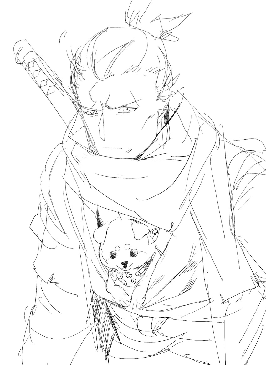 1boy animal closed_mouth dog expressionless greyscale highres japanese_clothes katana kimono male_focus monochrome piyomotsu scarf sekiro sekiro:_shadows_die_twice simple_background sketch solo sword sword_on_back topknot upper_body weapon weapon_on_back white_background