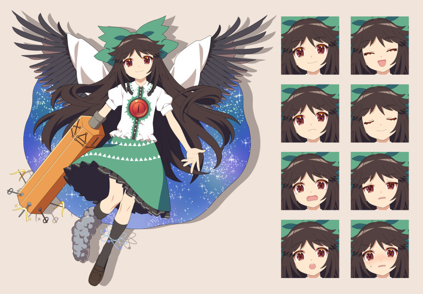 1girl 4rion :d :o arm_cannon asymmetrical_footwear atom bird_wings black_socks black_wings blue_cape blush bow brown_footwear brown_hair cape closed_mouth commentary_request control_rod_(touhou) feathered_wings frilled_skirt frills green_bow green_skirt grey_footwear hair_bow happy highres kneehighs loafers long_hair mismatched_footwear nose_blush open_mouth parted_lips puffy_short_sleeves puffy_sleeves red_eyes reiuji_utsuho shirt shoes short_sleeves skirt smile socks standing surprised tachi-e third_eye touhou two-sided_cape two-sided_fabric very_long_hair weapon white_cape white_shirt wings worried