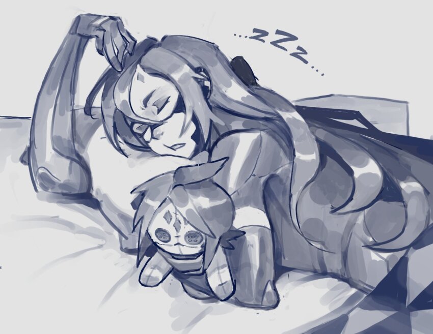 1girl android bed black_hair button_eyes buttons character_doll decayedparasite doll facial_mark falke_(signalis) greyscale holding holding_doll kolibri_(signalis) long_hair monochrome on_bed pillow short_hair signalis simple_background sleeping white_background