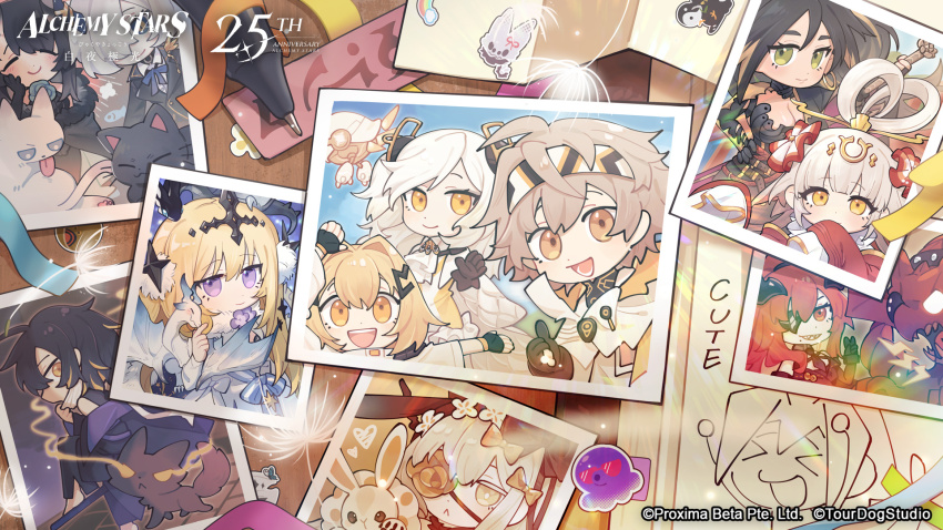alchemy_stars bethlehem_(alchemy_stars) breasts carleen_(alchemy_stars) chibi cleavage covering_own_mouth cuscuta_(alchemy_stars) dantang_(alchemy_stars) dragon firefly_(alchemy_stars) flower flower_over_eye hair_ornament highres hydrad_(alchemy_stars) jane_(alchemy_stars) leona_(alchemy_stars) long_hair medium_breasts navigator_(alchemy_stars) octopus official_art pen photo_(object) rabbit sariel_(alchemy_stars) sharp_teeth short_hair smile teeth toto_(alchemy_stars) vice_(alchemy_stars) xuan_ji_(alchemy_stars)