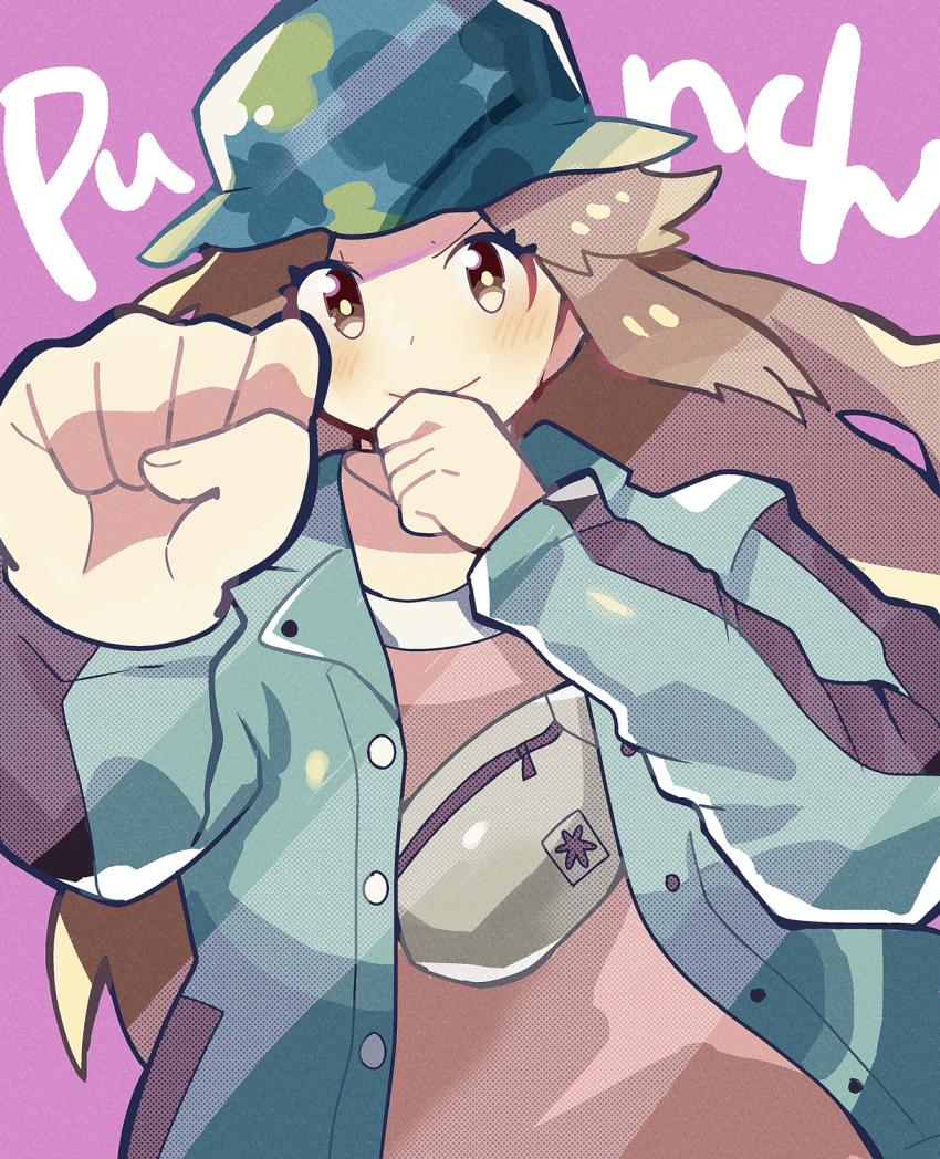 &gt;:) 1girl anidler91 blue_hat blue_jacket brown_eyes brown_hair camouflage_headwear clenched_hands closed_mouth hat highres jacket leaf_(pokemon) leaf_(sygna_suit)_(pokemon) long_hair long_sleeves nintendo pink_shirt pokemon pokemon_masters_ex purple_background shirt smile solo v-shaped_eyebrows
